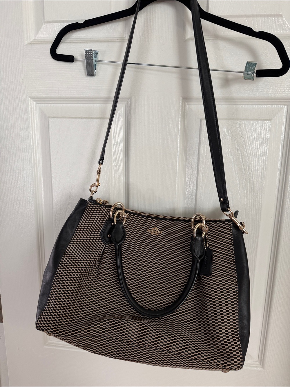 Coach Black and Tan Woven Signature Satchel with Gold Hardware